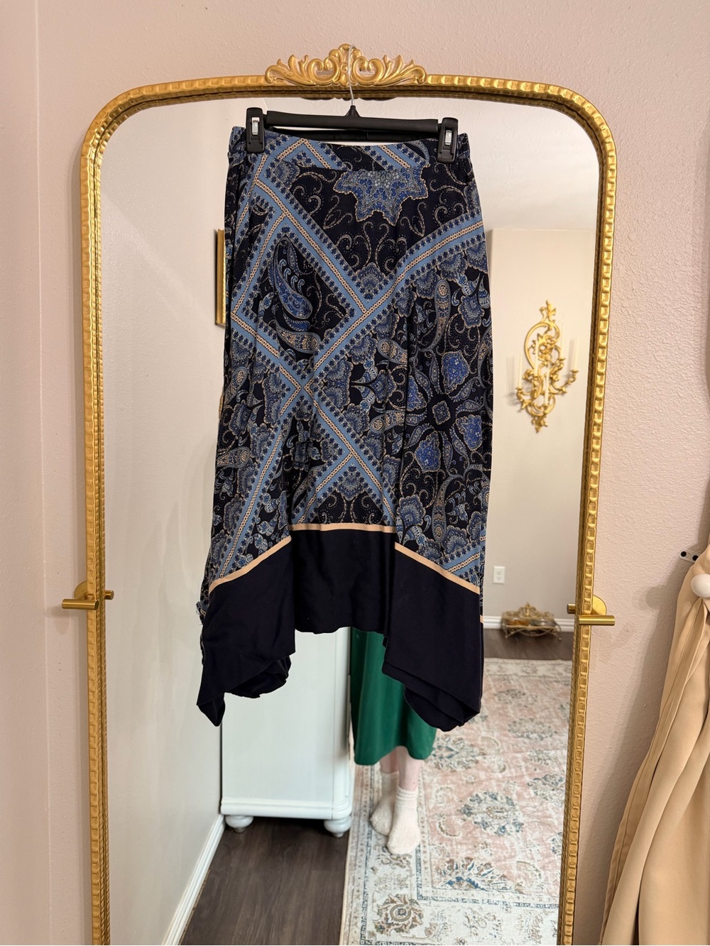 H&M Navy and Light Blue Paisley Asymmetric Hem Skirt
